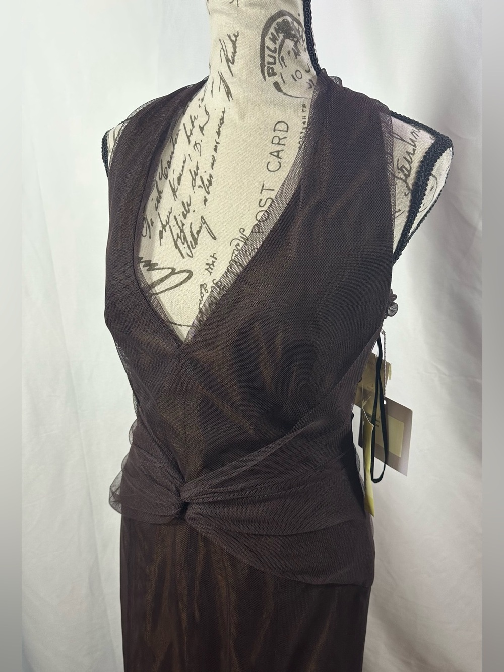 ⚫️🐞Vera Wang Chocolate Brown V-Neck Tulle Maxi Dress - Picture 12 of 16